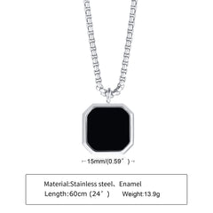 Stainless Steel Square Plate Pendant Black Epoxy Necklace