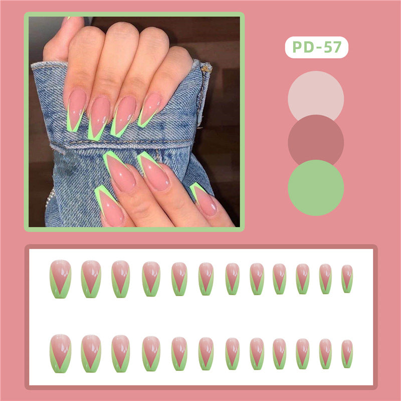 PD-57 Ballet Green French Net Red Fake Nail Sticker Nail Nail Patch Can Be Taken Off And Worn By Women