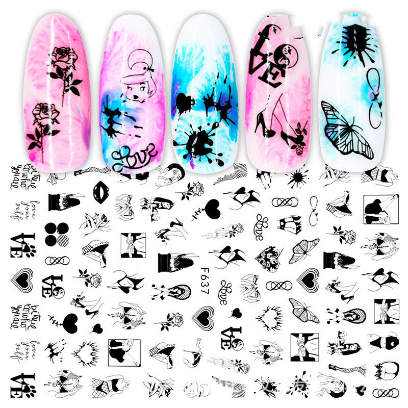 Cross-Border Nail Stickers New Japanese European And American 3D Hot Stamping Full Stickers Black And White Rose Heart-Shaped Ink Nail Decals