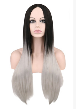 Wig 68cm long ladies straight hair black gray gradient color synthetic high temperature silk wig