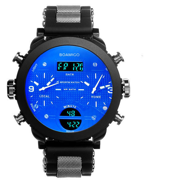 Men's watch electronic quartz double display watch 3 time zone waterproof watch