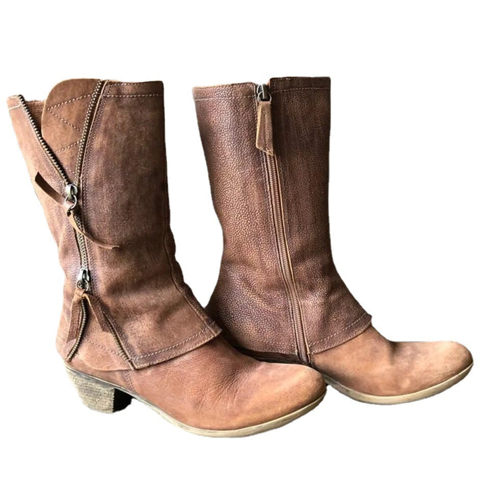 Women's Fashion Casual Side Zipper Mid-calf Leather Boots