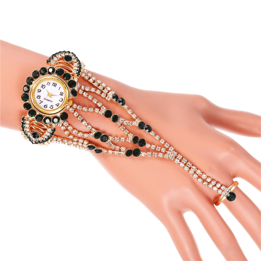 Ladies Full Diamond Claw Chain Ring Set Watch