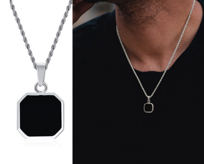 Stainless Steel Square Plate Pendant Black Epoxy Necklace