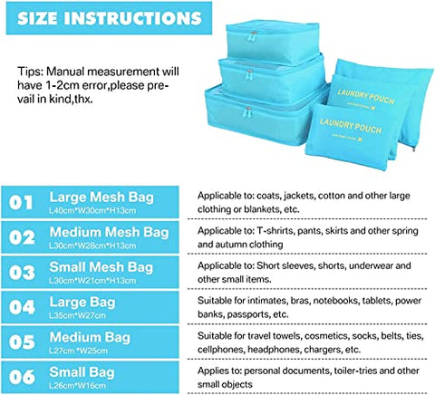 GUMTAPE Travel Organiser Packing Bags,6 PCS Travel Packing Cubes Set for Clothes Travel Luggage Organizers Storage Bags