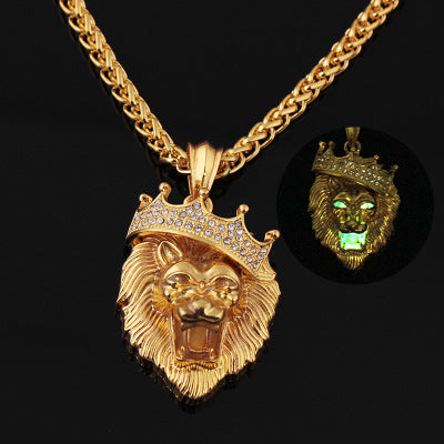 Europe and the United States selling diamond crown lion hip-hop luminous necklaces men Unisex gold-plated hiphop luminous Pendant
