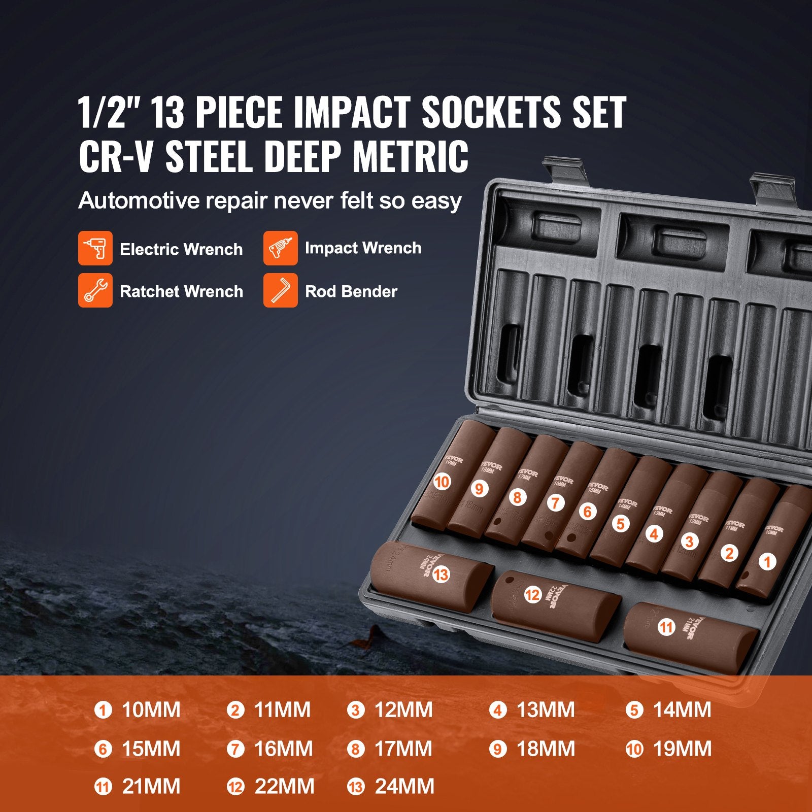 Drive Impact Socket Set, 13 Piece Deep Socket Set Metric 10-24mm, 6 Point CR-V Alloy Steel For Auto Repair, Easy-to-Read Size Markings, Rugged Construction, Includes Storage Case