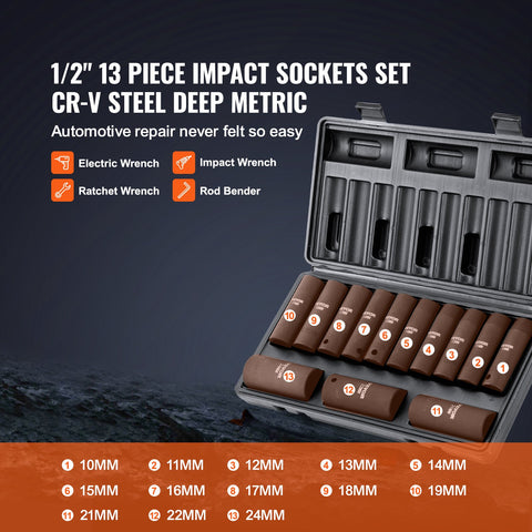Drive Impact Socket Set, 13 Piece Deep Socket Set Metric 10-24mm, 6 Point CR-V Alloy Steel For Auto Repair, Easy-to-Read Size Markings, Rugged Construction, Includes Storage Case
