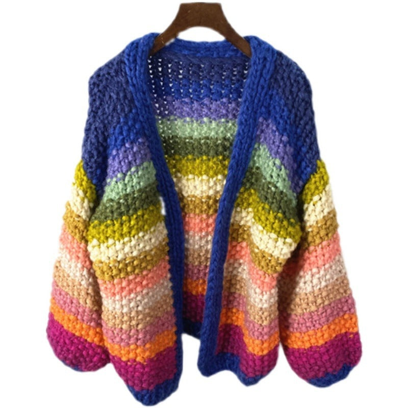 Handmade Rainbow Striped Contrast Color Thick Needle Sweater Coat