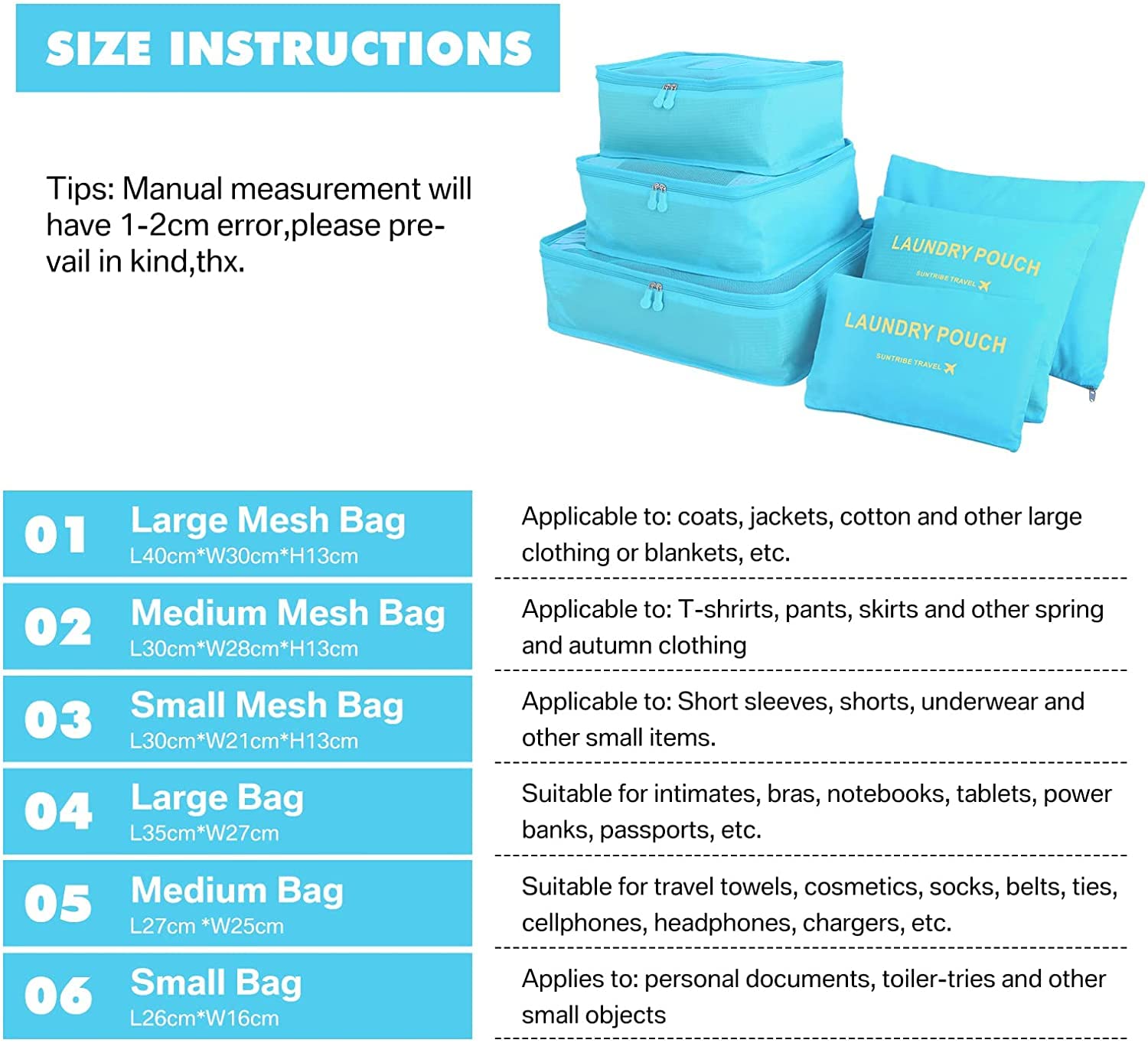 GUMTAPE Travel Organiser Packing Bags,6 PCS Travel Packing Cubes Set for Clothes Travel Luggage Organizers Storage Bags