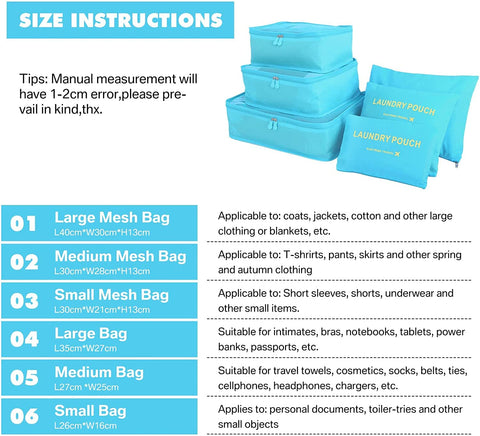 GUMTAPE Travel Organiser Packing Bags,6 PCS Travel Packing Cubes Set for Clothes Travel Luggage Organizers Storage Bags