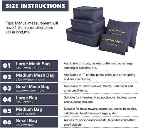 GUMTAPE Travel Organiser Packing Bags,6 PCS Travel Packing Cubes Set for Clothes Travel Luggage Organizers Storage Bags
