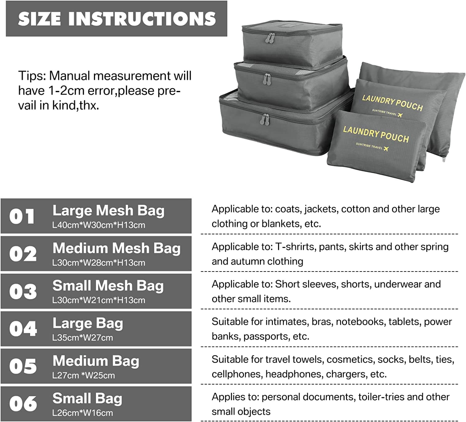 GUMTAPE Travel Organiser Packing Bags,6 PCS Travel Packing Cubes Set for Clothes Travel Luggage Organizers Storage Bags