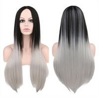 Wig 68cm long ladies straight hair black gray gradient color synthetic high temperature silk wig
