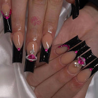 Wear Armor French Black Edge Nail Shaped Piece Queen Mother Rose Rhinestone Fake Nails
