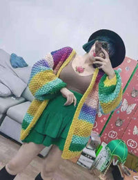 Handmade Rainbow Striped Contrast Color Thick Needle Sweater Coat