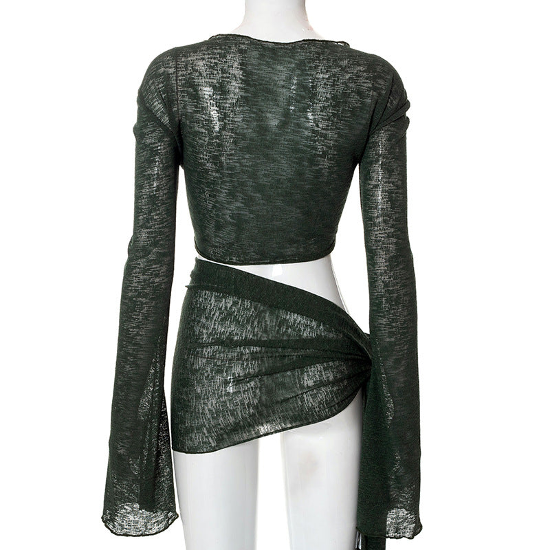 2023 Mesh See-through Strap Long-sleeved Wrap Top And Skirt