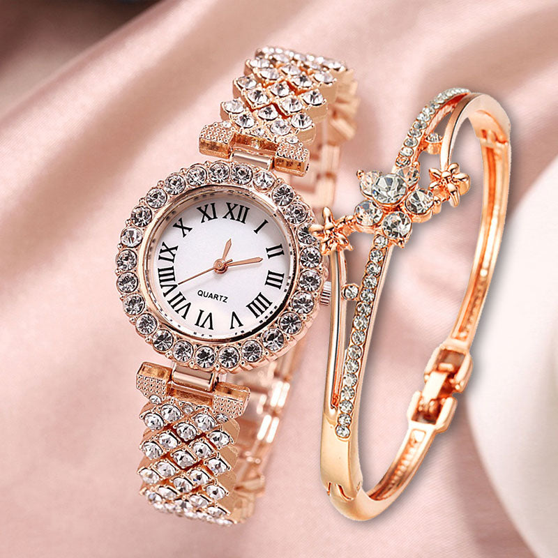 Fashion Luxury Diamond Quartz Watch Double-layer Diamond Bracelet 2PCs