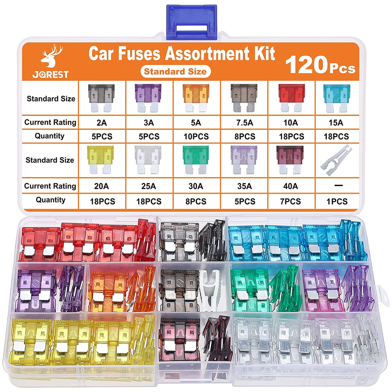 JOREST 120Pcs Car Fuse Kit - Replacement Fuses Assortment Kit for  Car/RV/Truck/Motor (2Amp 3A 5A 7.5A 10A 15A 20A 25A 30A 35A 40A) - Micro  Blade Fuses