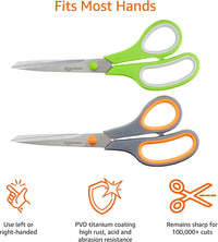 Amazon Basics Multipurpose, Comfort Grip, PVD Coated, Stainless Steel Office Scissors - Pack of 2 - FoxMart™️ - FoxMart™️