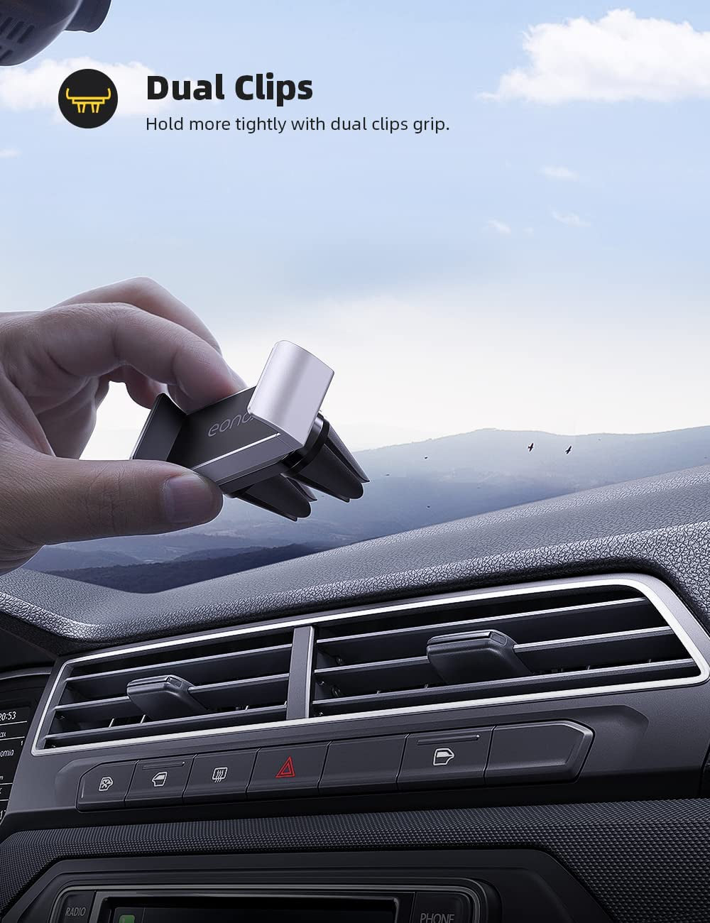 Amazon Brand - Car Phone Holder, Universal Vent Clip Mount 360 Rotating Air Cradle Stand for Iphone 14 Pro Max Plus, 13 12 11 XS XR X 8 7 6S 6, Galaxy S10 S9 S8, 4.7-6.5" Smartphones - Silver - FoxMart™️ - Eono