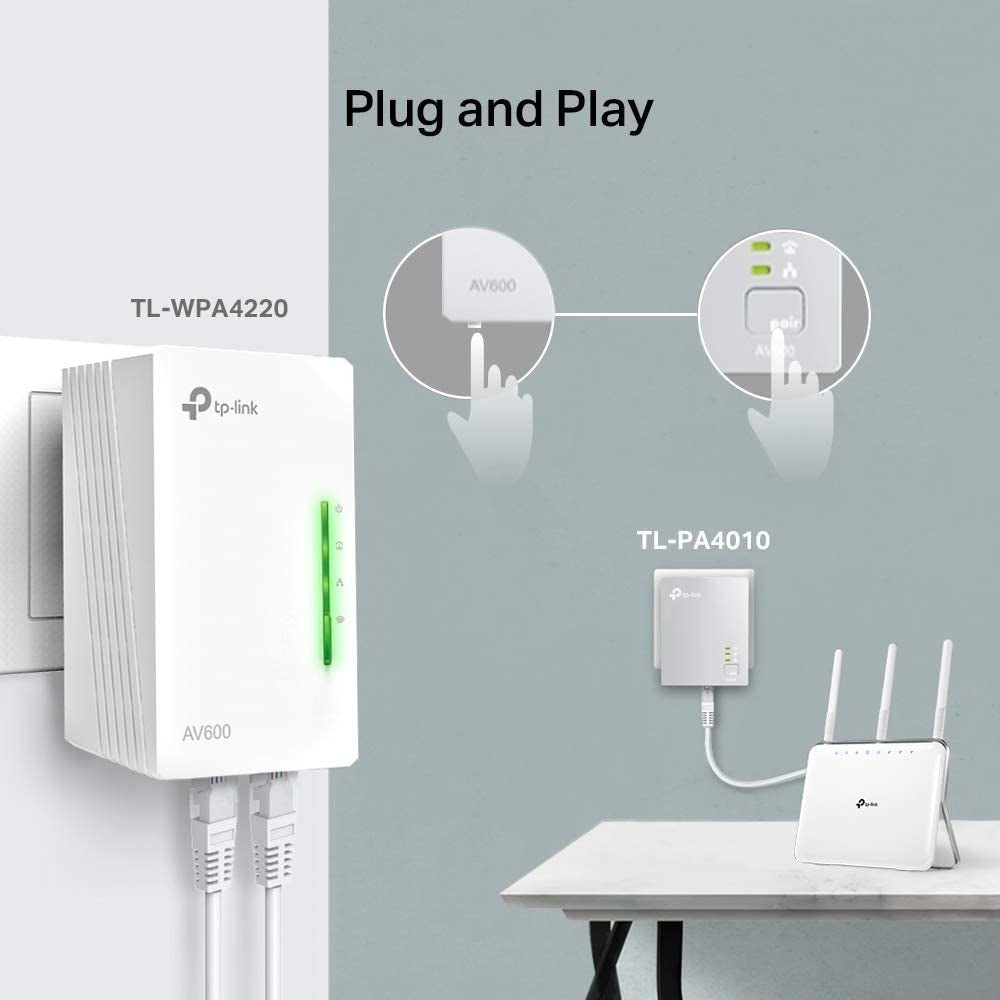 AV600 Powerline Adapter Wi-Fi Kit, Wi-Fi Booster/Hotspot/ Extender, Wi-Fi Speed up to 300Mbps, 2+1 Ethernet Ports, No Configuration Required, Wi-Fi Auto-Sync, UK Plug (TL-WPA4220 KIT) - FoxMart™️ - FoxMart™️