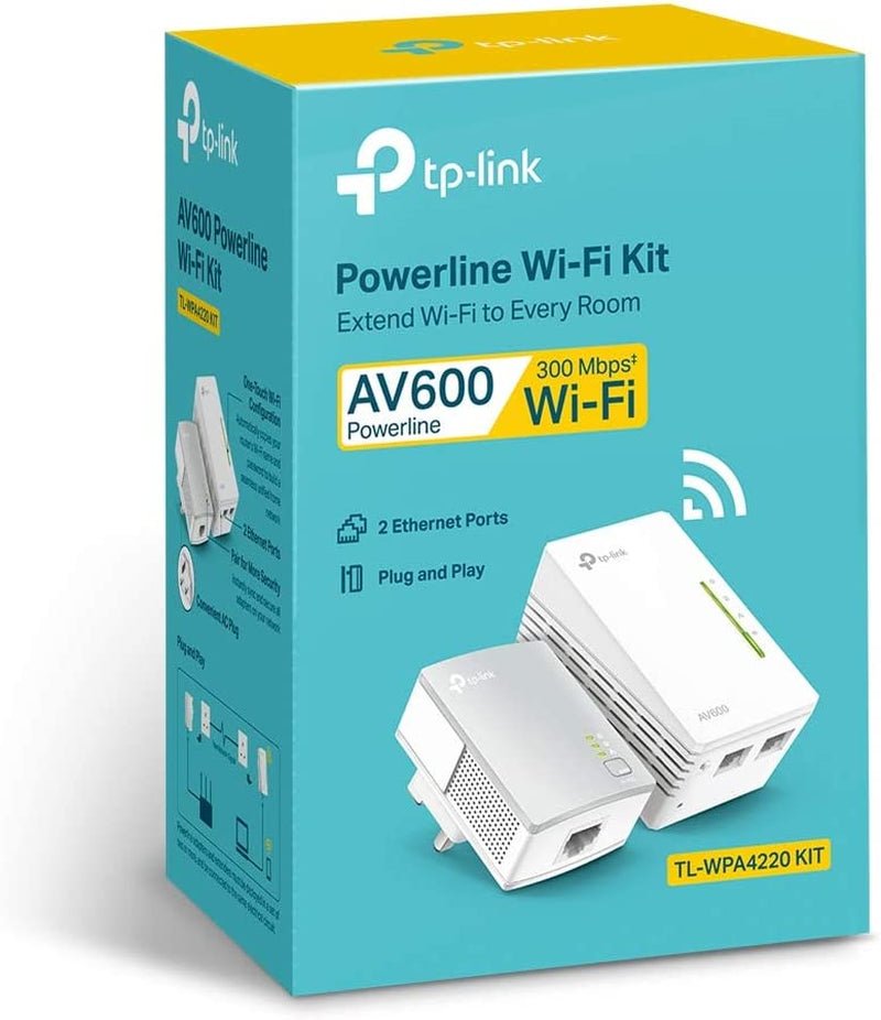 AV600 Powerline Adapter Wi-Fi Kit, Wi-Fi Booster/Hotspot/ Extender, Wi-Fi Speed up to 300Mbps, 2+1 Ethernet Ports, No Configuration Required, Wi-Fi Auto-Sync, UK Plug (TL-WPA4220 KIT) - FoxMart™️ - FoxMart™️