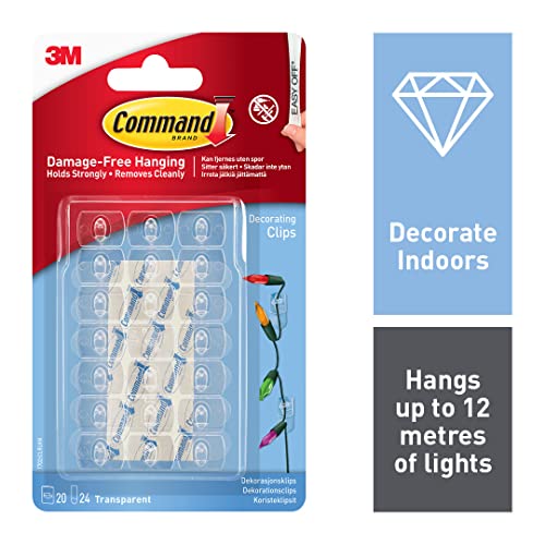 Command 17026CLR Decorating Clips, Pack of 20 Mini Hooks and 24 Small Adhesive Strips, Transparent - Hanging Clips for Decorations and Fairy Lights, Wall Adhesive - Damage Free Hanging - FoxMart™️ - Command