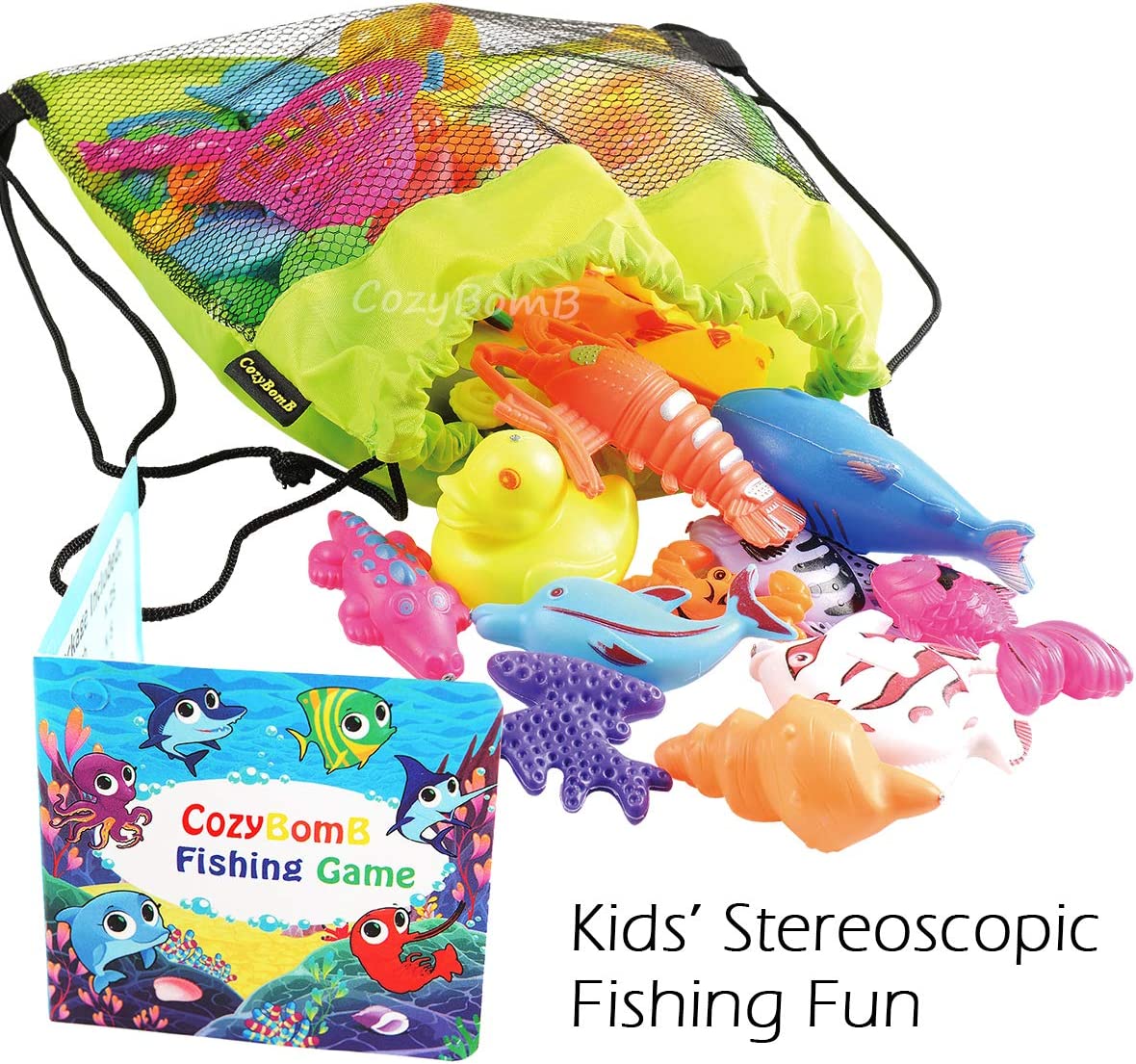 Cozybomb Magnetic Fishing Toys Game Set for Kids for Bath Time Pool Party with Pole Rod Net, Plastic Floating Fish - Toddler Education Teaching and Learning Colors Ocean Sea Animals (Large) - FoxMart™️ - 3 years and up