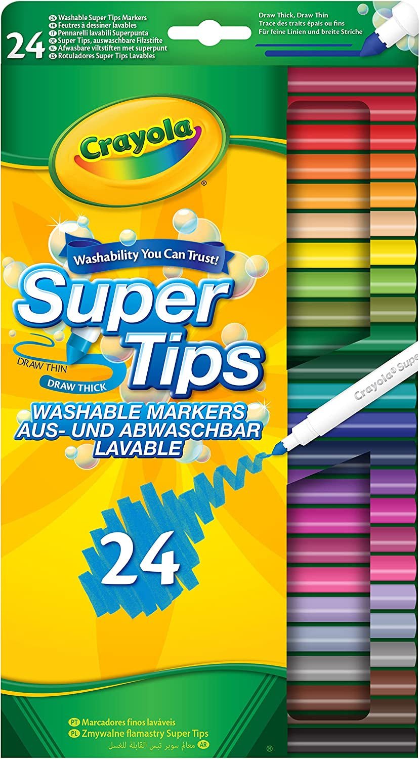 CRAYOLA Supertips Washable Markers - Assorted Colours (Pack of 24) | Premium Felt Tip Pens That Can Easily Wash off Skin & Clothing | Ideal for Kids Aged 3+ - FoxMart™️ - FoxMart™️