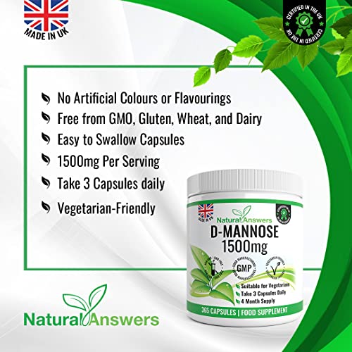 D-Mannose | 365 Capsules | Max Strength 1500mg per Serving - Precision DMannose - Vegetarian Capsules not Tablets or Pills, Made in The UK (365 Count (Pack of 1)) - FoxMart™️ - Natural Answers