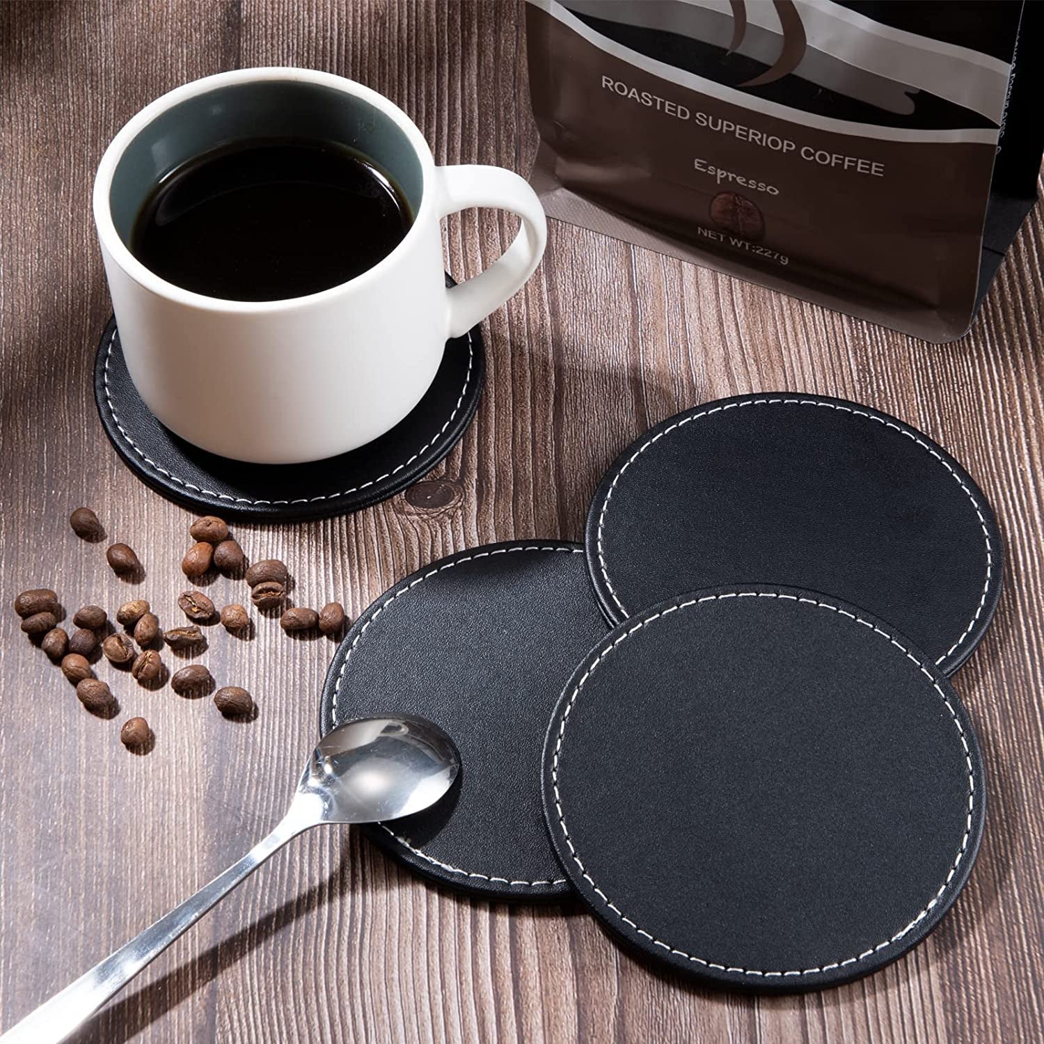 Drink Coasters PU Leather Coaster Black Cup Pad round Coffee Drink Mat for Home and Bar Set of 6 with Holder - FoxMart™️ - MengH-SHOP