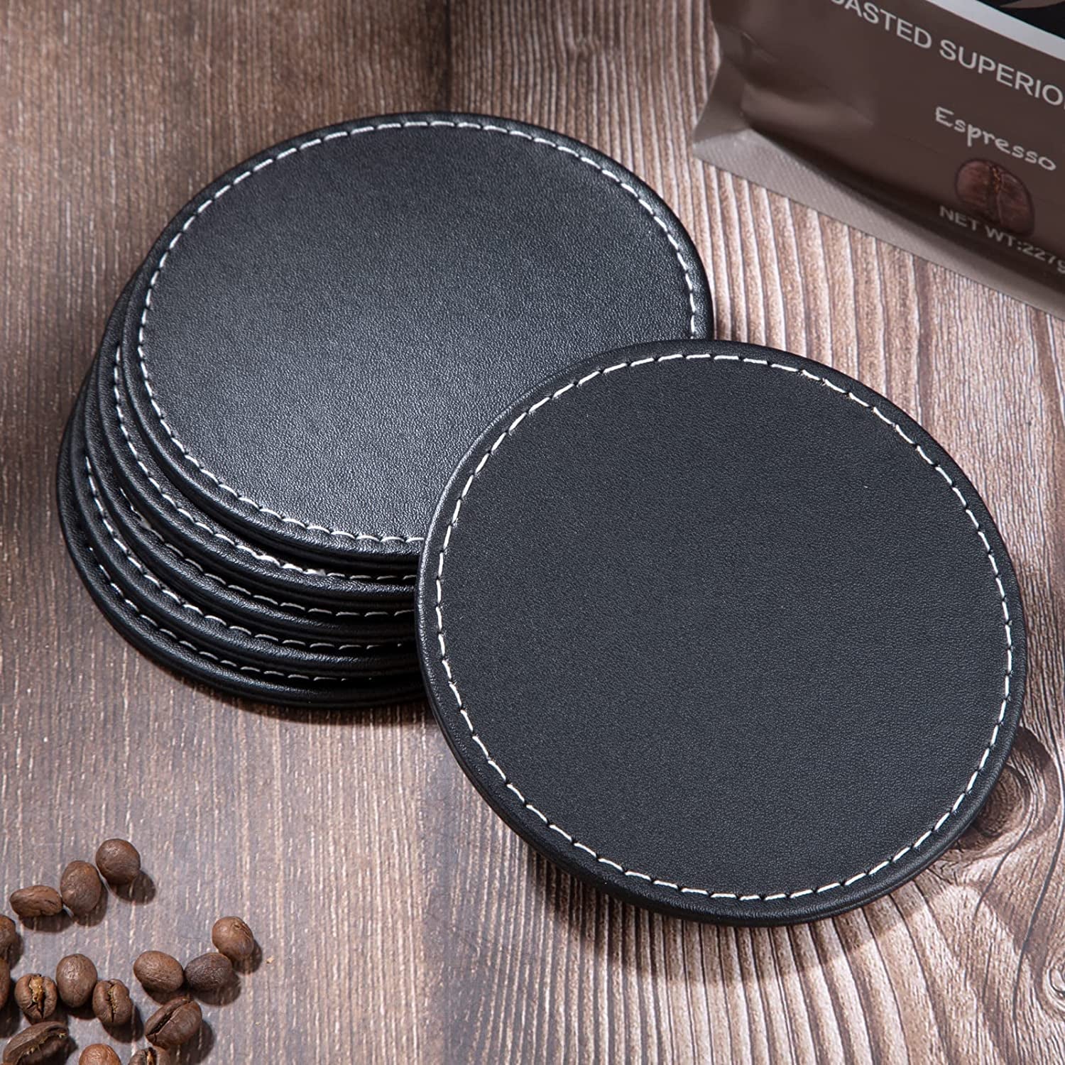 Drink Coasters PU Leather Coaster Black Cup Pad round Coffee Drink Mat for Home and Bar Set of 6 with Holder - FoxMart™️ - MengH-SHOP