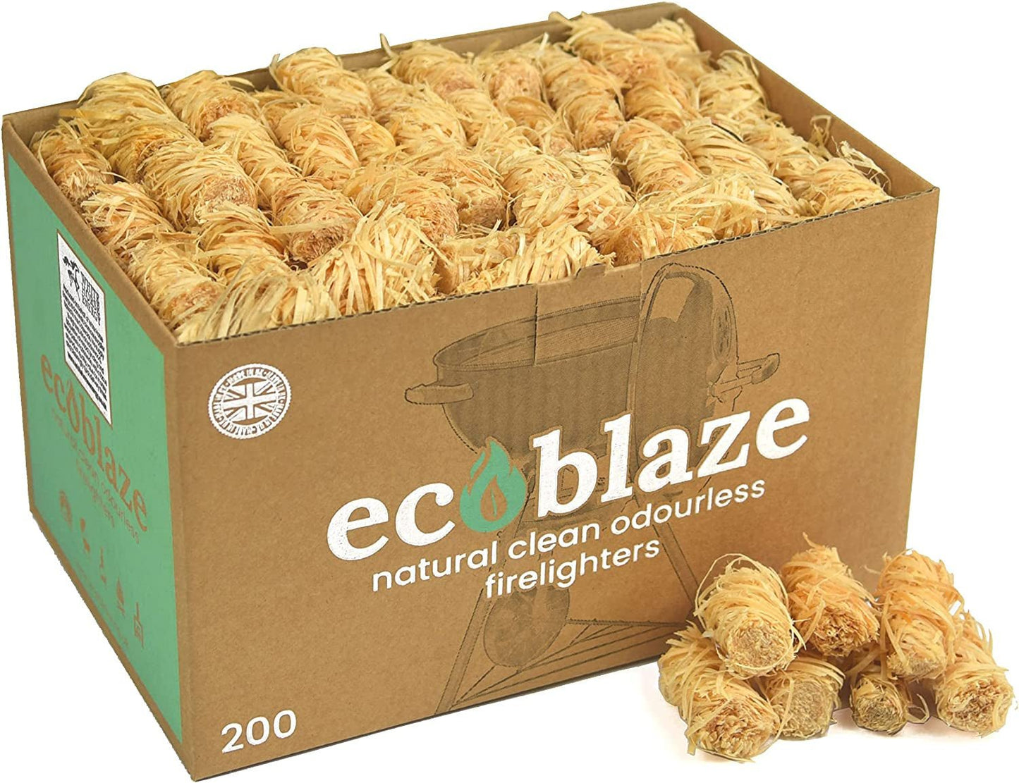 Ecoblaze Natural Firelighters, 200 Wood Wool Fire Lighters for Wood & Log Burners, BBQ & Pizza Oven Firestarters - Safe, Clean & Odourless Wax Coated Instant Spruce Fire Starters - 200 Box - FoxMart™️ - FoxMart™️