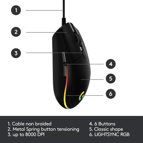 G203 LIGHTSYNC Gaming Mouse with Customizable RGB Lighting, 6 Programmable Buttons, Gaming Grade Sensor, 8K DPI Tracking, Lightweight - Black - FoxMart™️ - FoxMart™️