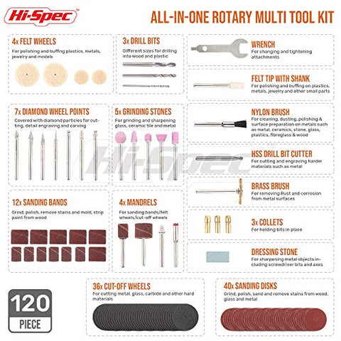 Hi-Spec 121 Piece 130W Corded Rotary Power Tool Kit Set with Dremel Compatible Bit Accessories. Drill, Cut, Trim, Grind & Sand in DIY Repairs, Hobbies & Craftwork - FoxMart™️ - Hi-Spec
