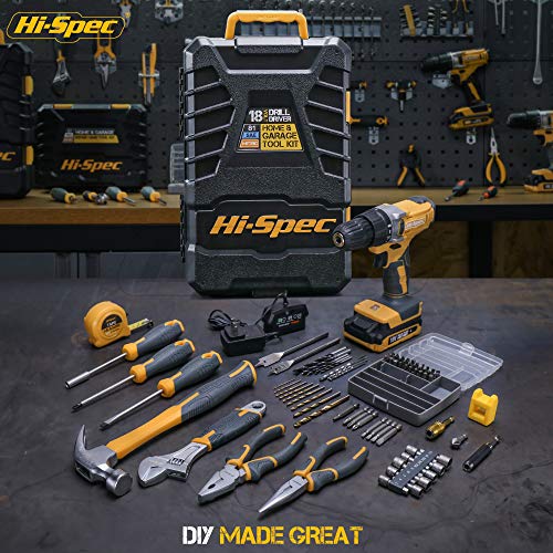 Hi-Spec 81pc Yellow 18V Cordless Power Drill Driver. Complete Home & Garage Hand Tool Kit Set for DIY - FoxMart™️ - Hi-Spec