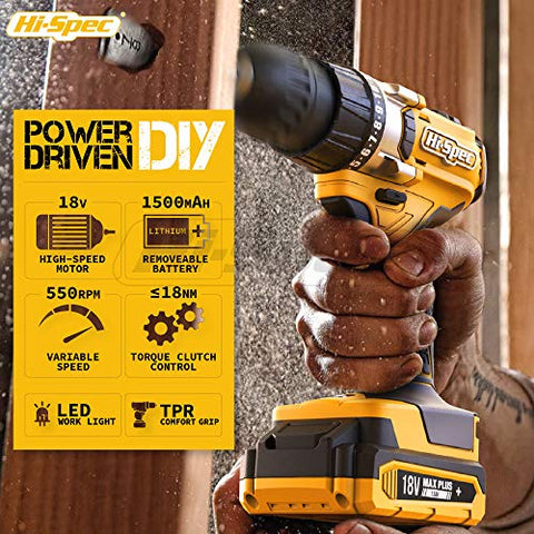 Hi-Spec 81pc Yellow 18V Cordless Power Drill Driver. Complete Home & Garage Hand Tool Kit Set for DIY - FoxMart™️ - Hi-Spec