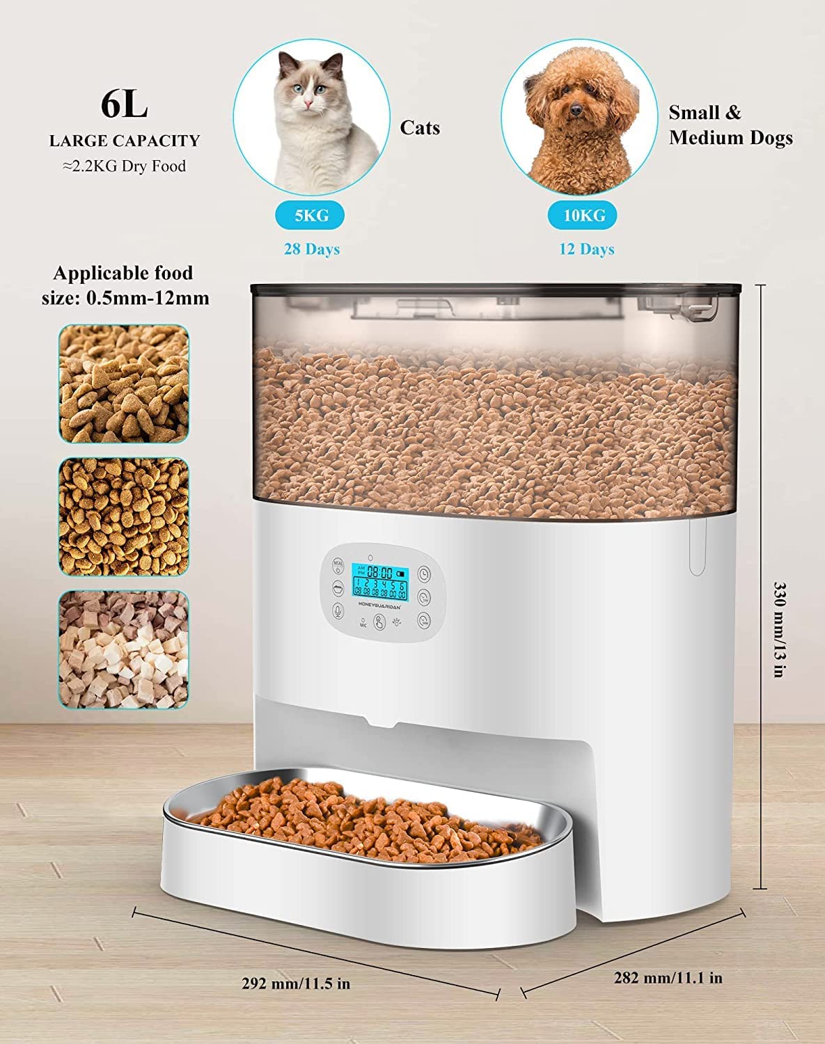 Honeyguaridan Automatic Cat Feeder, Pet Feeder for Cat and Dog with Desiccant Box, 6L Food Dispenser with Timer, 1-24 Portions Control, Voice Recorder, Dual Power Supply - up to 6 Meals a Day - FoxMart™️ - A56