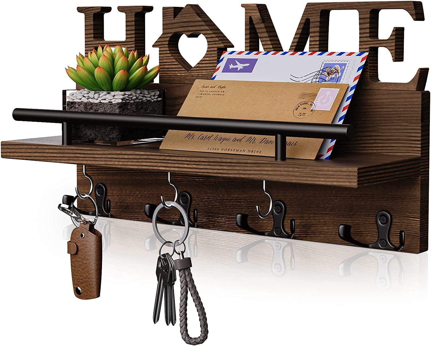 Key Holder for Wall with Home Decoration, Key Hanger with 7 Sturdy Key Hooks and Mail Holder Design, Decor Wood Key Rack for Hallway, Entryway, Mudroom, Office, Brown - FoxMart™️ - SWTYMIKI