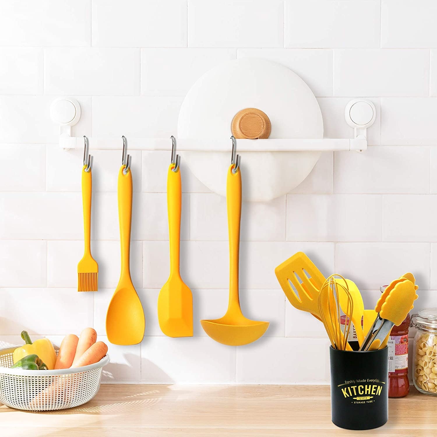 14 Pcs Silicone Cooking Kitchen Utensils Set with Holder, Wooden Handles  BPA Free Non Toxic Silicone Turner Tongs Spatula Spoon Kitchen Gadgets Utensil  Set for Nonstick Cookware (Khaki)
