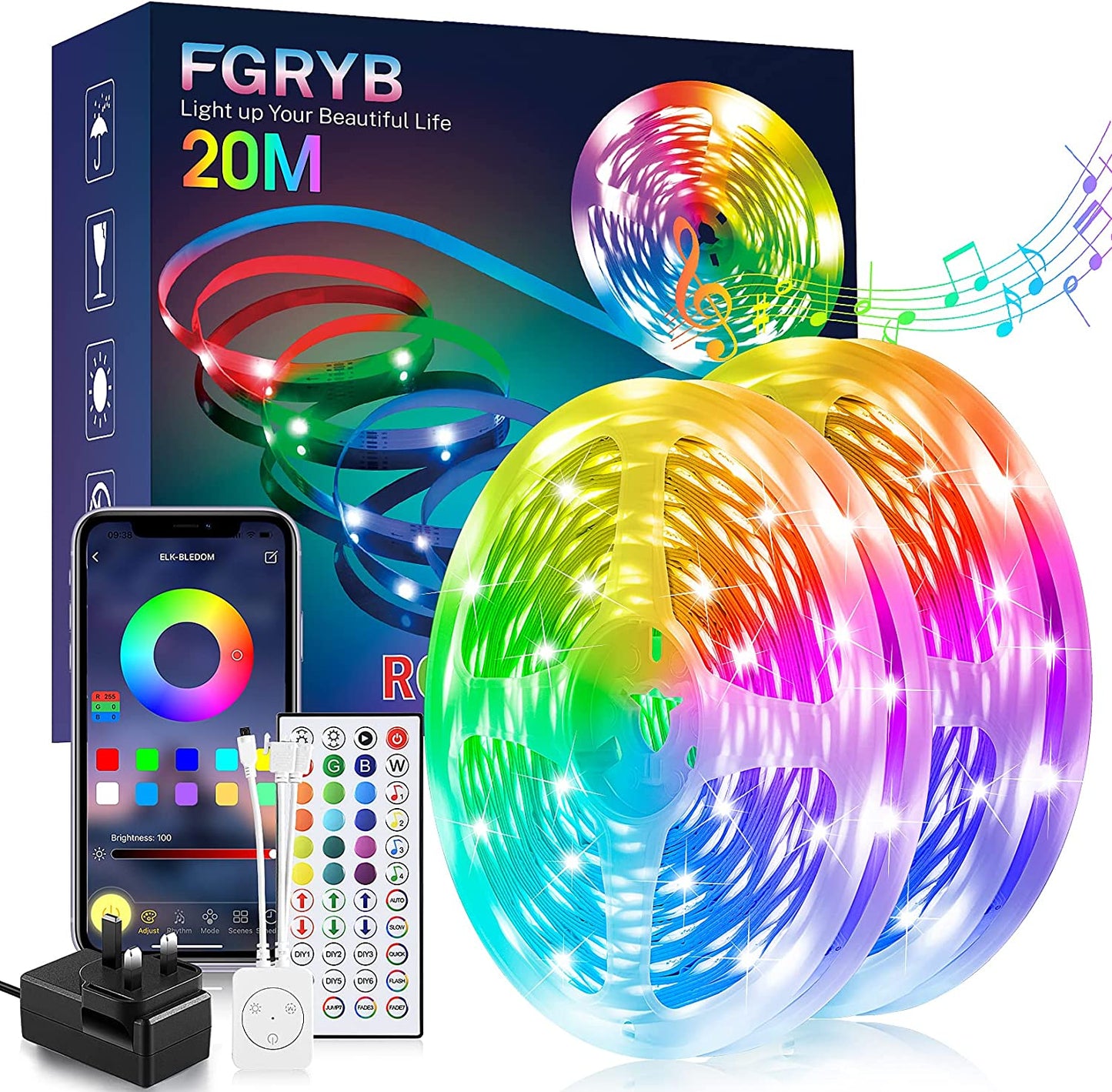 LED Strip Light 20M (2 Rolls of 10M) Ultra Long Music Sync RGB Colour Changing Led Lights for Bedroom with Bluetooth App & Remote Flexible Lighting for Home Room Kitchen Ceiling Decoration - FoxMart™️ - FGRYB