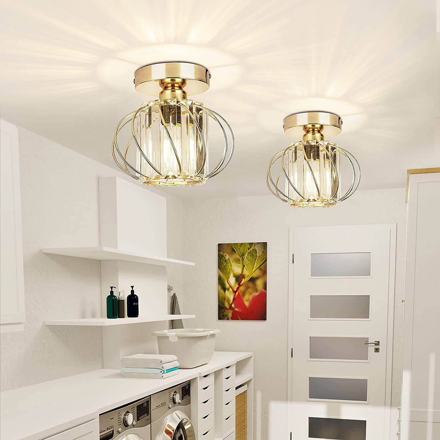 Modern Crystal Ceiling Light Fixture- Industrial 2 Pack Mini Semi Flush Mount Ceiling Lighting LED Crystal Chandeliers Fitting for Kitchen Hallway Dining Rooms Living Room - Gold - FoxMart™️ - FRIDEKO HOME