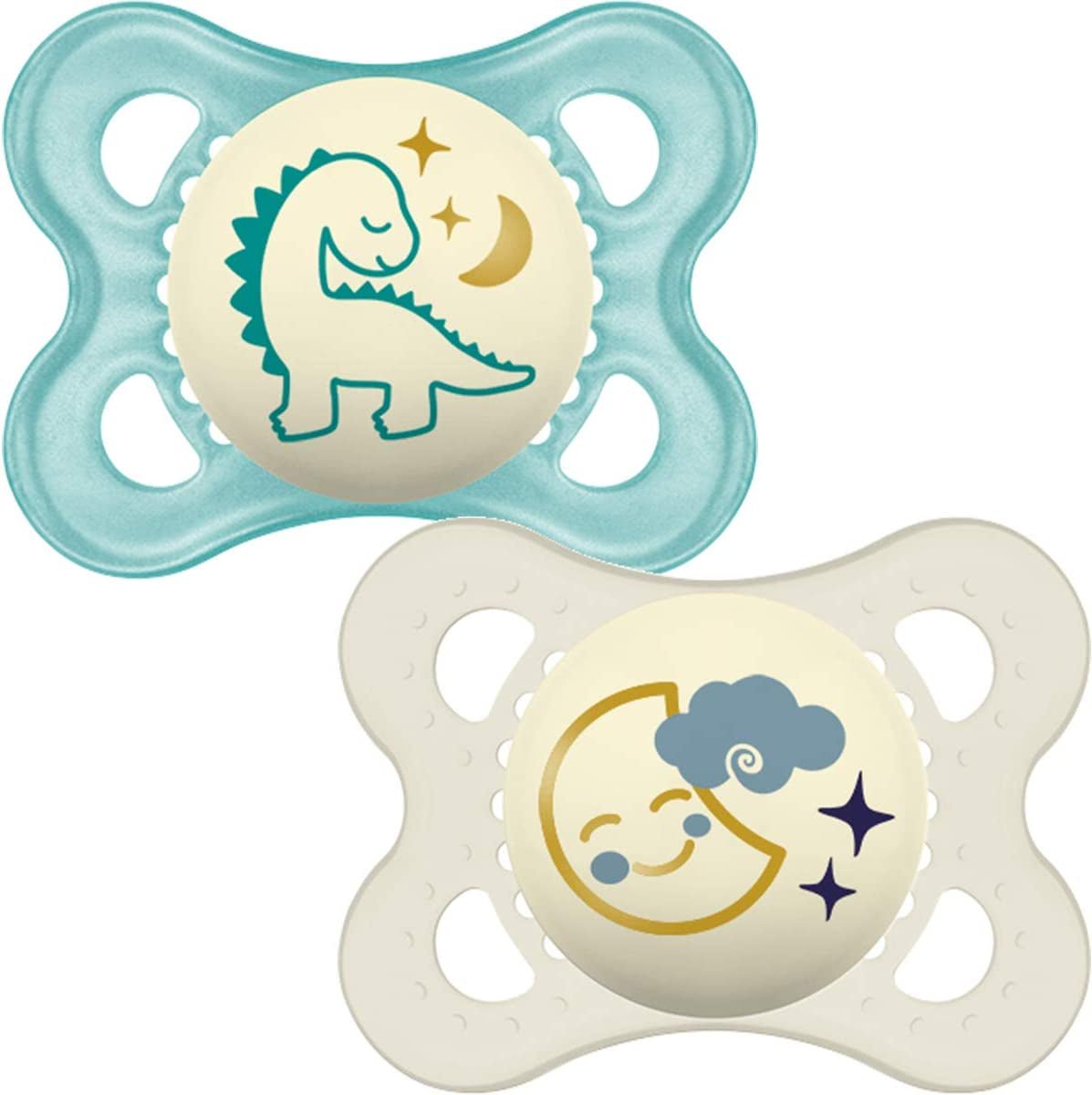 Night Soothers 0+ Months (Pack of 2), Glow in the Dark Baby Soothers with Self Sterilising Travel Case, Newborn Essentials, Blue/White, (Designs May Vary) - FoxMart™️ - FoxMart™️