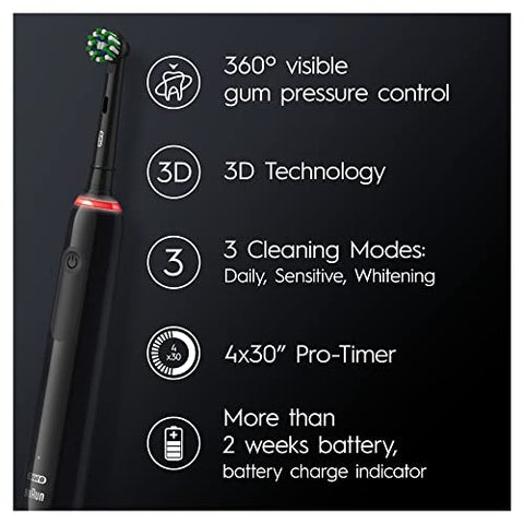 Oral-B Pro 3 Electric Toothbrush with Smart Pressure Sensor, 1 Cross Action Toothbrush Head & Travel Case, 3 Modes with Teeth Whitening, Gifts for Men/Women, 2 Pin UK Plug, 3500, Black - FoxMart™️ - Oral-B