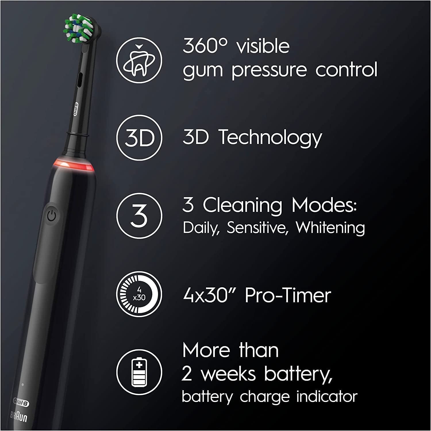 Oral-B Pro 3 Electric Toothbrush with Smart Pressure Sensor, 1 Cross Action Toothbrush Head & Travel Case, 3 Modes with Teeth Whitening, Gifts for Men/Women, 2 Pin UK Plug, 3500, Black - FoxMart™️ - FoxMart™️