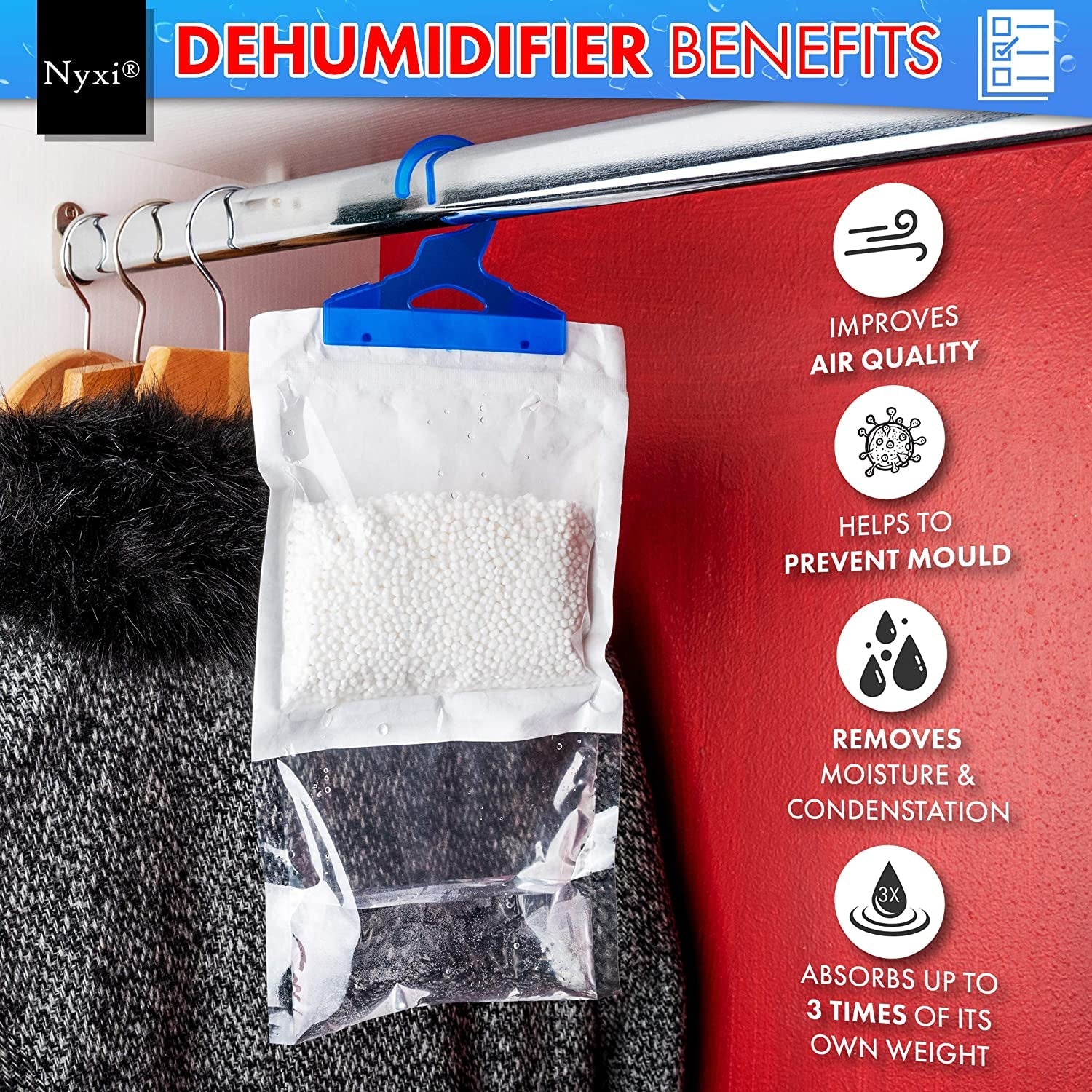 Set of 3 Hanging Interior Wardrobe Dehumidifier - 230G Each Bag - Ideal to Stop Damp, Mould Mildew & Condensation- for Wardrobe, Home, Kitchen, Garage, Bedroom, Caravan, Office, Basement Etc - FoxMart™️ - FoxMart™️