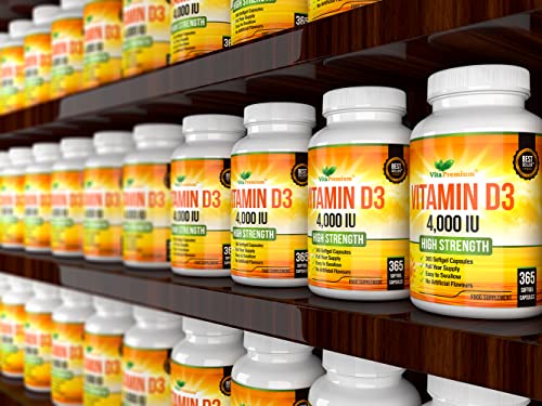 Vitamin D 4,000 IU, Maximum Strength Vitamin D3 Supplement, 365 Easy to Swallow Softgels - Full Year Supply - FoxMart™️ - Vita Premium